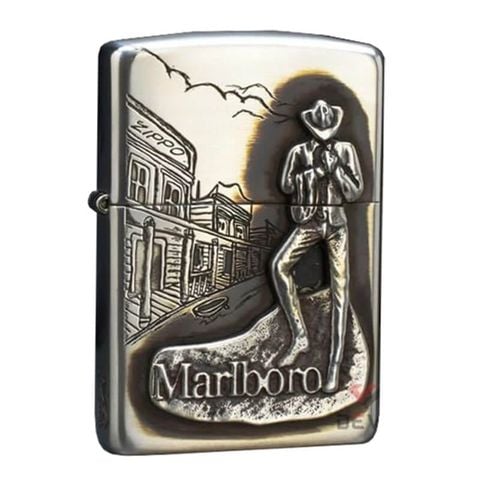 Zippo Bạc Khối Ốp Emblem Chàng Cao Bồi Marlboro BK40