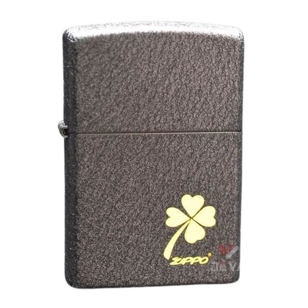 Zippo Sơn Mài Đen Sần Khắc Cỏ 4 Lá Mạ Vàng ZK69