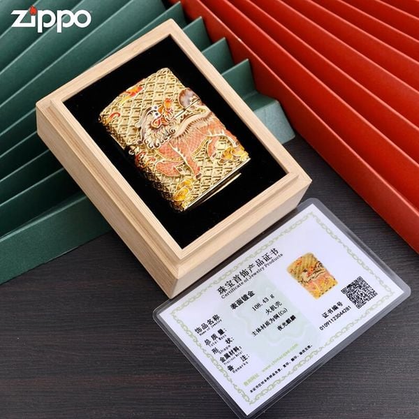 Zippo Bọc Lưới Mạ Vàng Chủ Đề Kỳ Lân Bảo Hộ ZN77