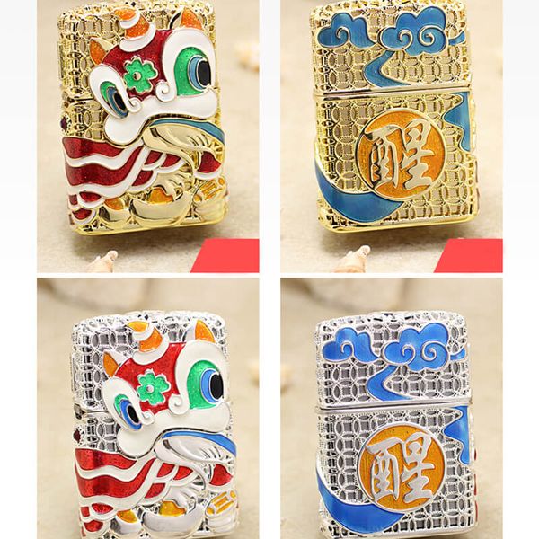 Set Zippo Bọc Lưới Mạ Bạc Múa Sư Tử Như Ý Cát Tường ZN209