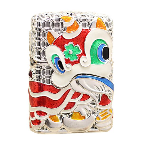 Set Zippo Bọc Lưới Mạ Bạc Múa Sư Tử Như Ý Cát Tường ZN209