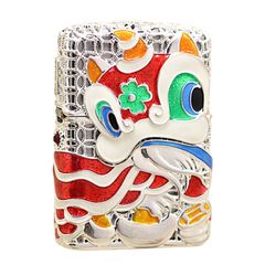 Set Zippo Bọc Lưới Mạ Bạc Múa Sư Tử Như Ý Cát Tường ZN209