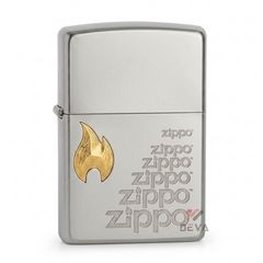 Zippo Satin Khắc Logo Zippo Ngọn Lửa Mạ Vàng ZK70