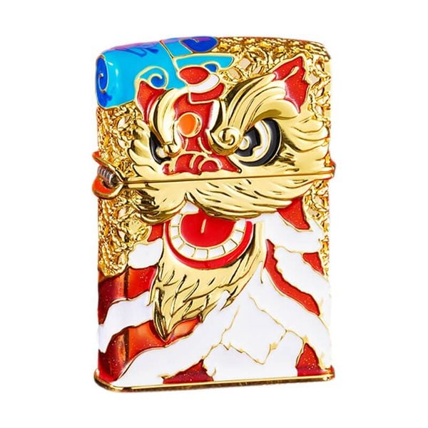 Zippo Bọc Lưới Mạ Vàng Đầu Lân Sư Rồng Cầu Tài Lộc ZN147