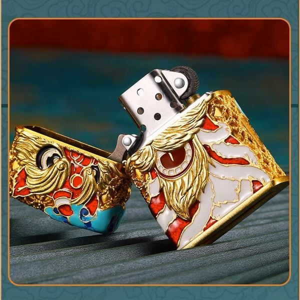 Zippo Bọc Lưới Mạ Vàng Đầu Lân Sư Rồng Cầu Tài Lộc ZN147