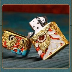 Zippo Bọc Lưới Mạ Vàng Đầu Lân Sư Rồng Cầu Tài Lộc ZN147