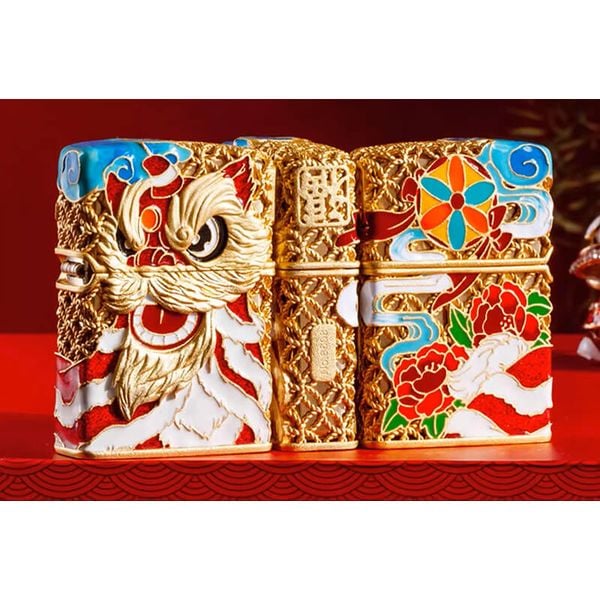 Zippo Bọc Lưới Mạ Vàng Đầu Lân Sư Rồng Cầu Tài Lộc ZN147