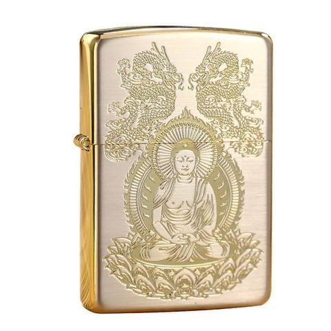 Bật Zippo Mỹ xuất Nhật hình phật khắc ăn mòn mạ vàng Z86