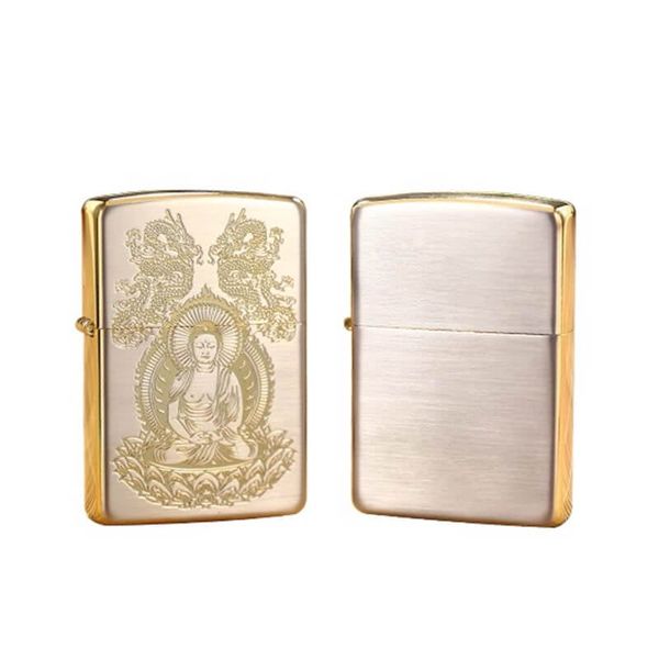 Bật Zippo Mỹ xuất Nhật hình phật khắc ăn mòn mạ vàng Z86