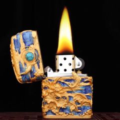 Zippo Ốp Nổi Cá Chép Đầm Sen Mạ Vàng Đính Lam Ngọc ZN90