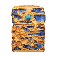 Zippo Ốp Nổi Cá Chép Đầm Sen Mạ Vàng Đính Lam Ngọc ZN90