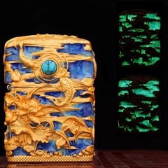Zippo Ốp Nổi Cá Chép Đầm Sen Mạ Vàng Đính Lam Ngọc ZN90