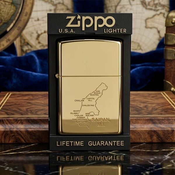 Zippo 1991 Bản Đồ Saipan – Mạ Vàng Gold Plated – Đời VII La Mã – Bản Sưu Tầm Lịch Sử C07