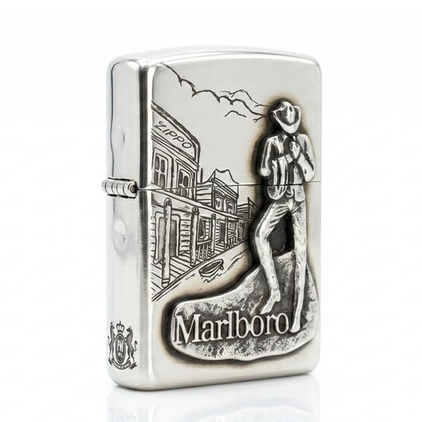 Zippo Bạc Khối Ốp Emblem Chàng Cao Bồi Marlboro BK40