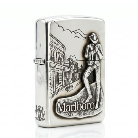 Zippo Bạc Khối Ốp Emblem Chàng Cao Bồi Marlboro BK40