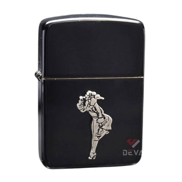 Zippo Tái Bản 1941 Đen Bóng Ốp Emblem Cô Gái Windproof ZN350