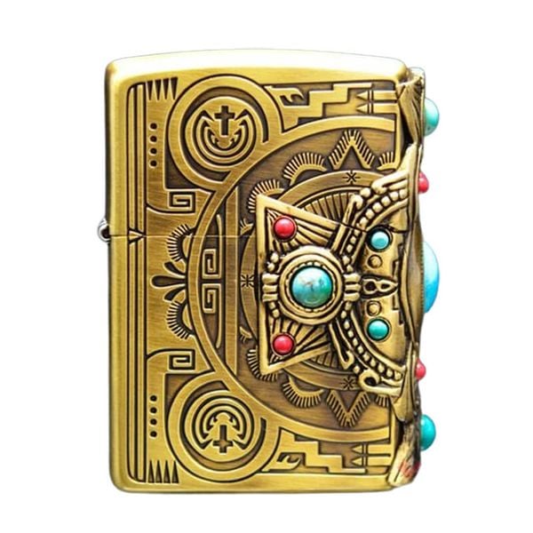 Zippo khắc Totem thổ dân Anh Điêng ốp Emblem mã não xanh ngọc ZN323