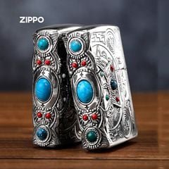Zippo khắc Totem thổ dân Anh Điêng ốp Emblem mã não xanh ngọc ZN323