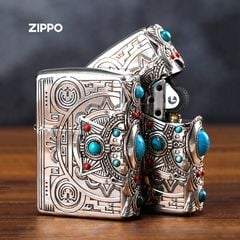 Zippo khắc Totem thổ dân Anh Điêng ốp Emblem mã não xanh ngọc ZN323