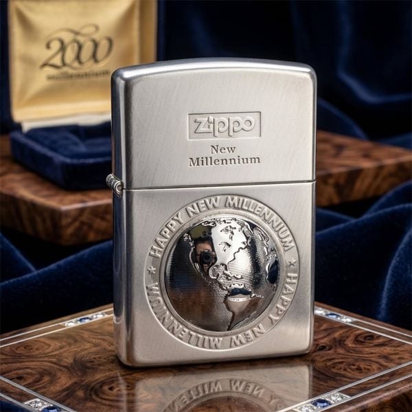 Zippo 2000 mạ bạc ốp emblem trái đất C109