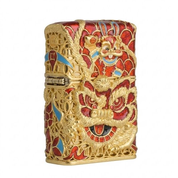Zippo Bọc Lưới Mạ Vàng Hổ Múa Lân Sư Rồng ZN150
