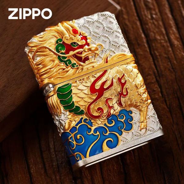 Zippo Vỏ Dày Ốp Nổi Kỳ Lân Đầu Rồng ZN84
