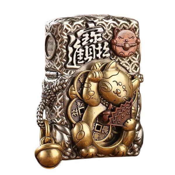 Zippo Vỏ Dày Ốp Hình Mèo Chiêu Tài và Cá Chép May Mắn ZN206