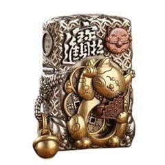 Zippo Vỏ Dày Ốp Hình Mèo Chiêu Tài và Cá Chép May Mắn ZN206