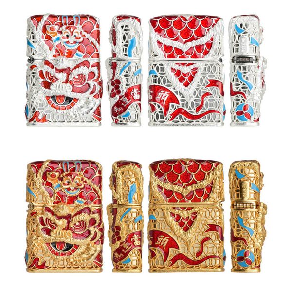 Zippo Bọc Lưới Mạ Vàng Hổ Múa Lân Sư Rồng ZN150