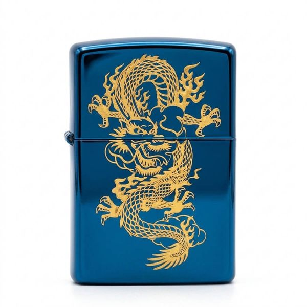 Zippo Xanh Sapphire Khắc Hình Rồng Bay Mạ Vàng ZK49