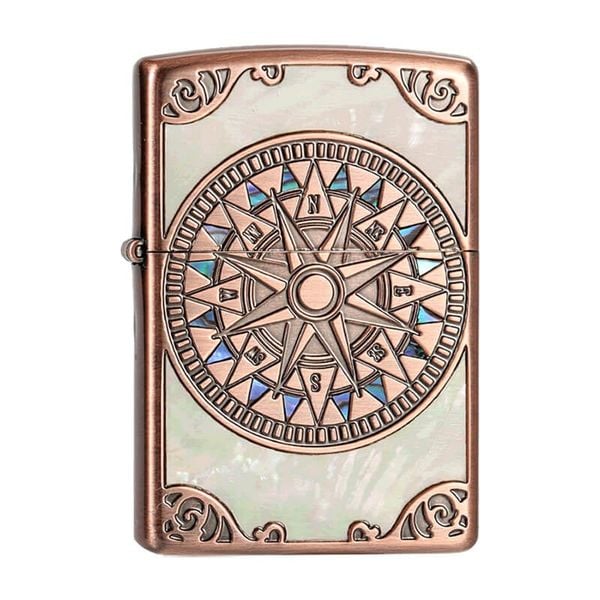 Zippo Khảm Trai Khắc 2 Mặt La Bàn Cổ ZN140