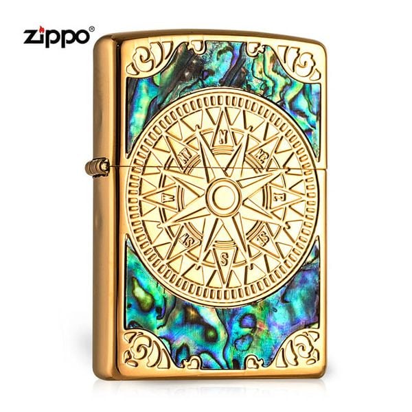 Zippo Khảm Trai Khắc 2 Mặt La Bàn Cổ ZN140
