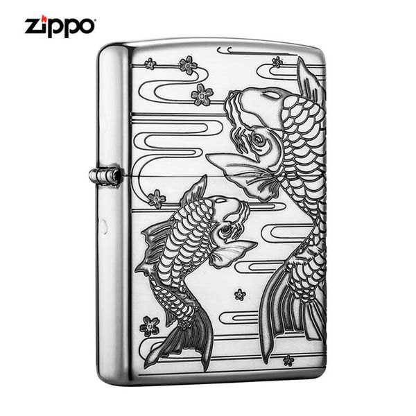 Zippo bạc khắc hình cá chép ZN172