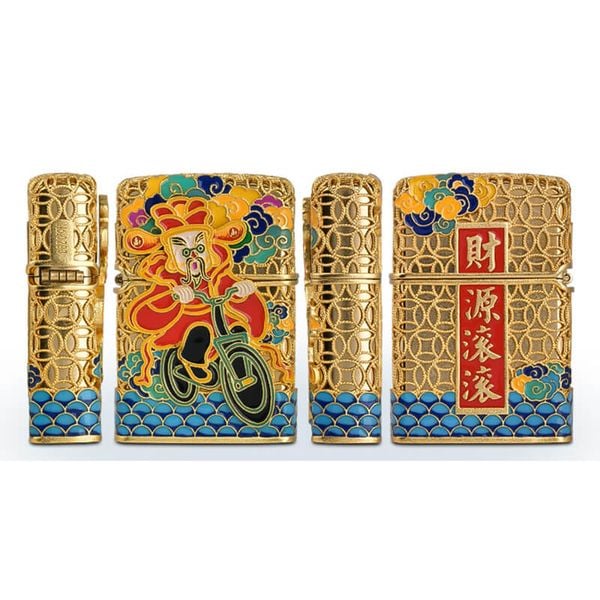 Zippo Bọc Lưới Đồng Tiền Mạ Vàng Chủ Đề Thần Tài Đến ZN85