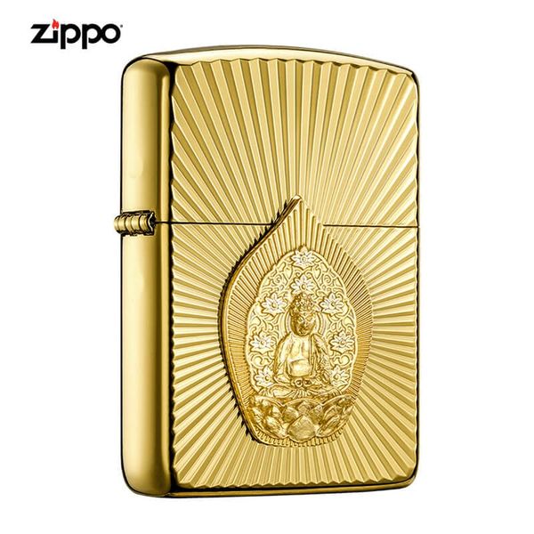 Zippo Armor Mạ Vàng Ốp Emblem Tượng Phật Phát Quang ZN35
