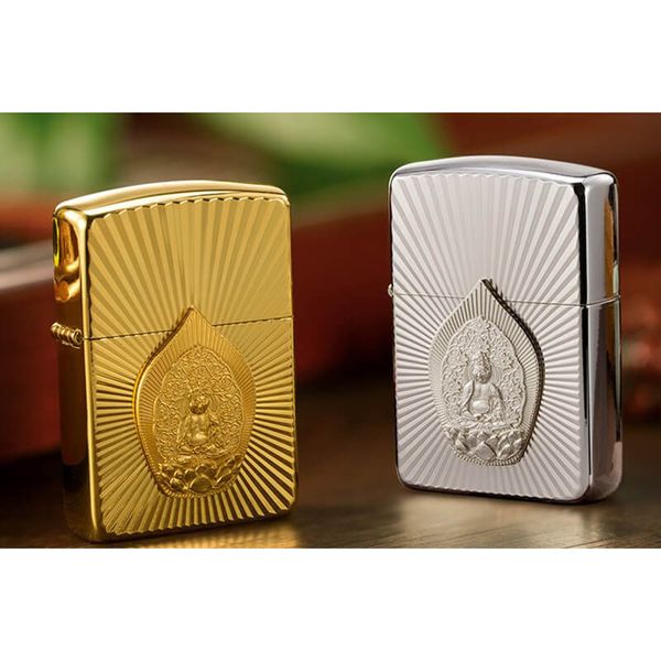 Zippo Armor Mạ Vàng Ốp Emblem Tượng Phật Phát Quang ZN35