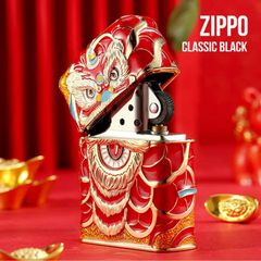 Zippo Vỏ Dày Chủ Đề Múa Lân Sư Rồng Cầu Tài Lộc ZN72