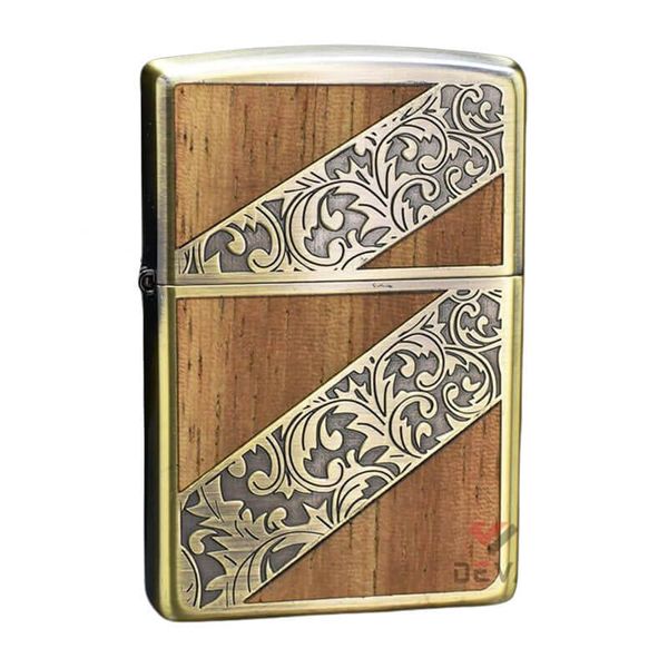 Zippo Kẻ Chéo Ốp Gỗ Khắc Hoa Văn Cổ Điển ZN267