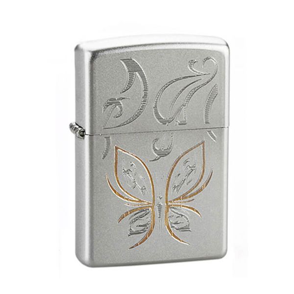 Zippo Satin Khắc Hình Con Bướm Cách Điệu Mạ Vàng Z62