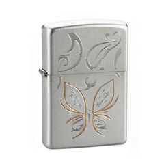 Zippo Satin Khắc Hình Con Bướm Cách Điệu Mạ Vàng Z62
