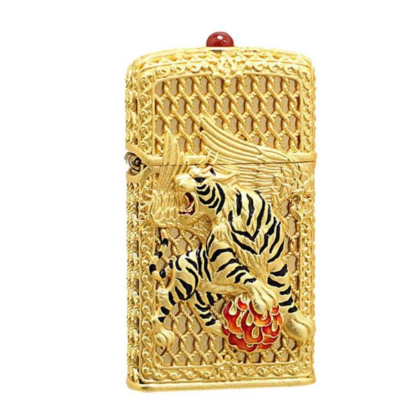Zippo Slim Bọc Lưới Vàng Ốp Hình Mãnh Hổ Tung Cánh ZN171