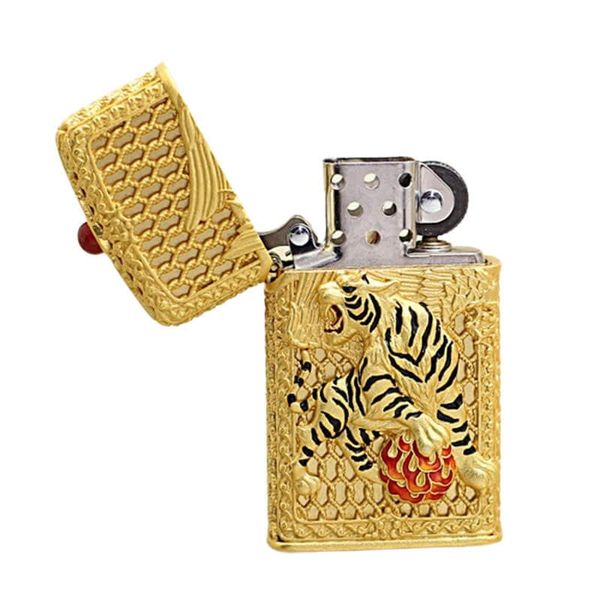 Zippo Slim Bọc Lưới Vàng Ốp Hình Mãnh Hổ Tung Cánh ZN171