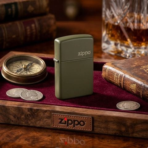 Zippo Slim Sơn Xanh Bộ Đội In Logo Hãng 1627 ZT03
