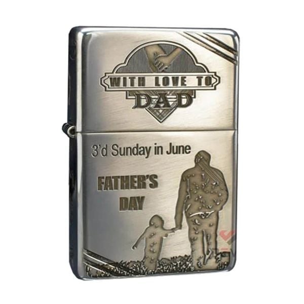 Zippo Bạc Khối Tái Bản 1937 Vintage Chặt Góc Khắc Chủ Đề Cha Con Father's Day BK04