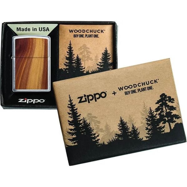 Zippo Mỹ chính hãng mạ chrome ốp  gỗ Tuyết Tùng Z282