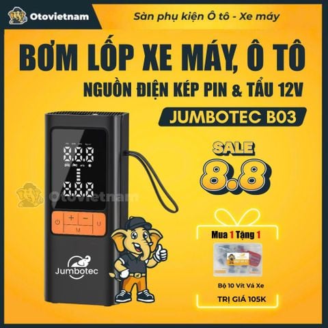 Bơm Lốp Xe Máy, Ô Tô Jumbotec B03 – Pin 6000mAh & Điện 12V, Tự Ngắt, Đa Năng 4in1