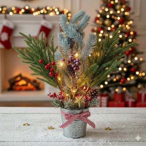 [ 1 CÀNH CÓ TRÊN 50 NHÁNH ] Cành thông giả trang trí Noel - Kèm quả châu đỏ, quả thông - Phụ kiện decor Giáng Sinh