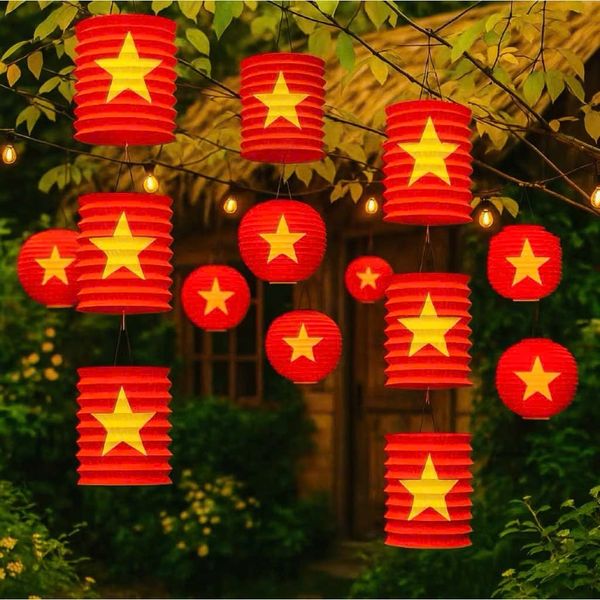 Đèn lồng hình cầu,đèn lồng sao vàng - Chất liệu vải cao cấp, nhiều size - Lồng đèn trang trí Trung Thu, decor không gian