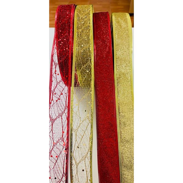 (Hàng Cao Cấp) Rộng 4cm,  Ruy băng lưới kim tuyến, Ruy băng nhũ kim tuyến - Decor Trang trí Noel