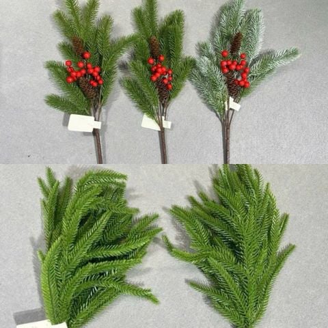 [ 1 CÀNH CÓ TRÊN 50 NHÁNH ] Cành thông giả trang trí Noel - Kèm quả châu đỏ, quả thông - Phụ kiện decor Giáng Sinh